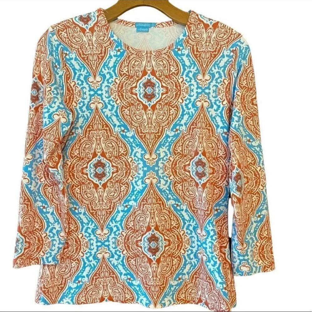 J. McLaughlin S Blue Orange Bali Design Round Neck Long Sleeve Top